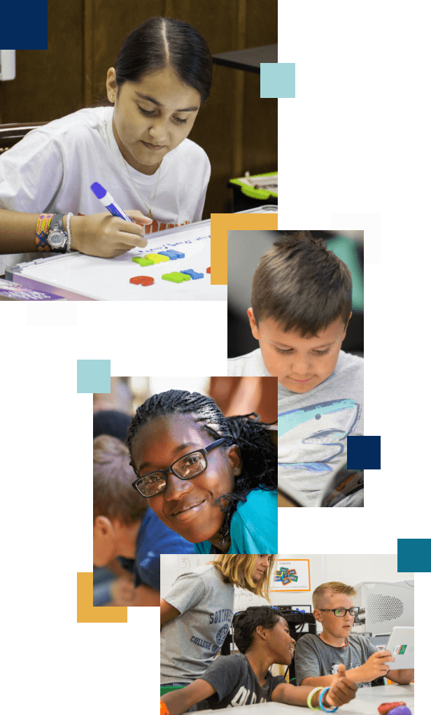 Four images of various students stylized with colored boxes