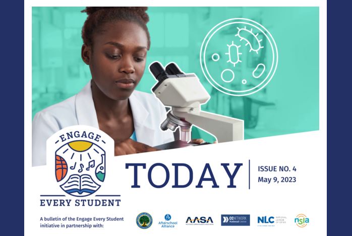 Engage Every Student Today Newsletter Header with an African-American young woman looking through a microscope 