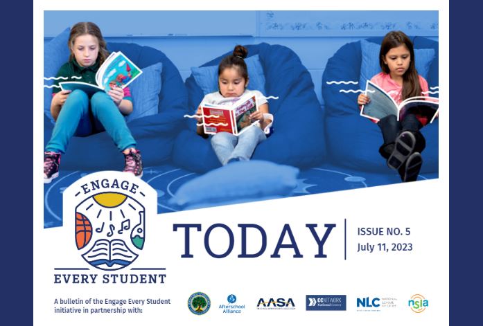 Engage Every Student Header with three elementary-aged girls reading on blue beanbag chairs