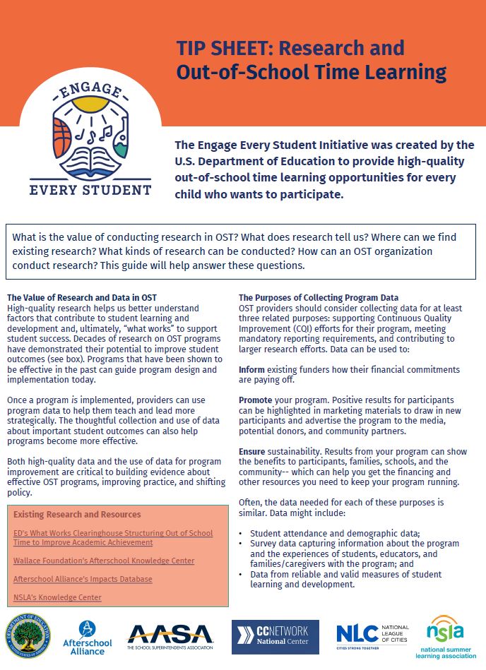 An image of the Research and Out of School Time Learning tip-sheet with an orange border