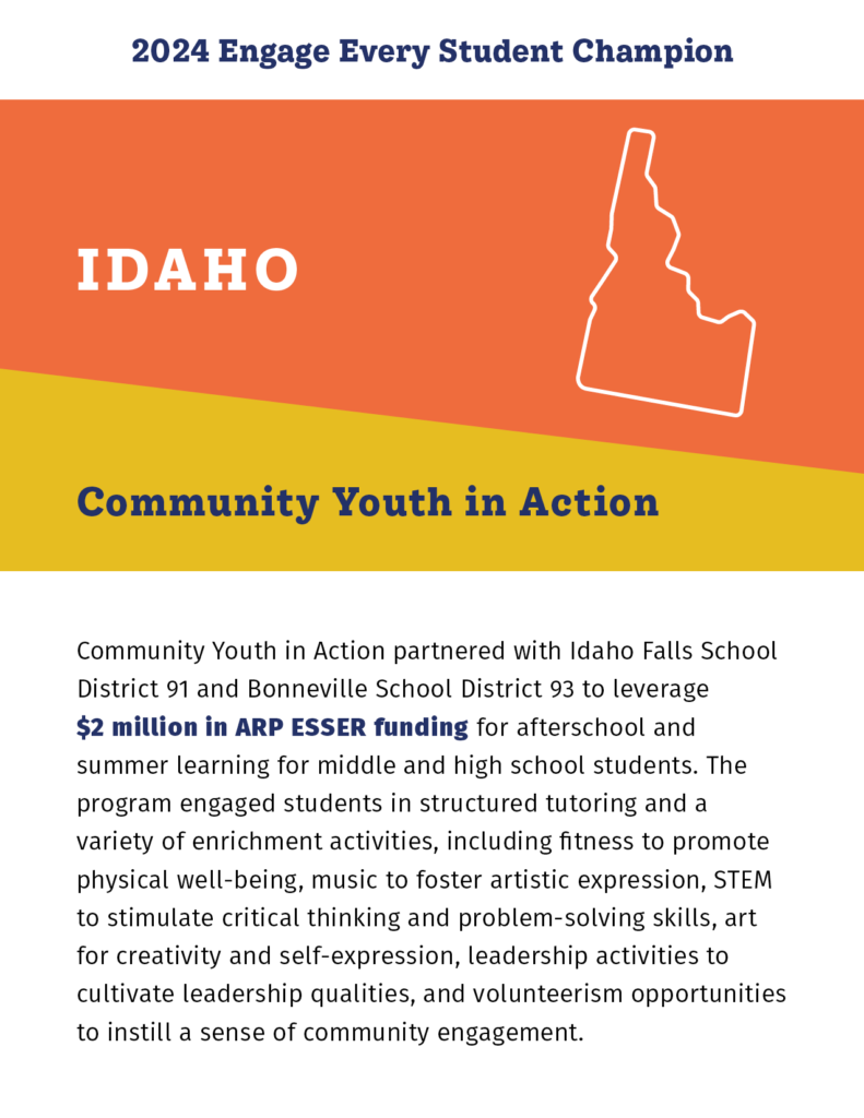 Idaho

Community Youth in Action

Community Youth in Action partnered with Idaho Falls School District 91 and Bonneville School District 93 to leverage $2 million in ARP ESSER funding for afterschool and summer learning for middle and high school students. The program engaged students in structured tutoring and a variety of enrichment activities, including fitness to promote physical well-being, music to foster artistic expression, STEM to stimulate critical thinking and problem-solving skills, art for creativity and self-expression, leadership activities to cultivate leadership qualities, and volunteerism opportunities to instill a sense of community engagement. 
