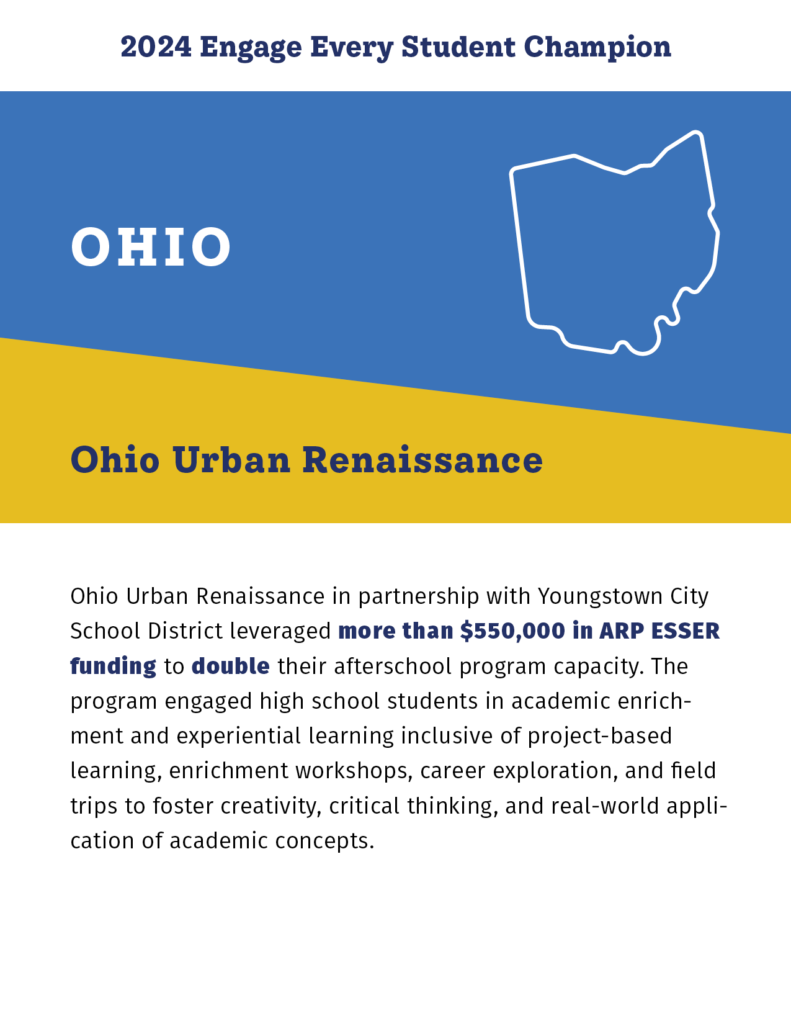 2024 Engage Every Student Champion

Ohio

Ohio Urban Renaissance

Ohio Urban Renaissance in partnership with Youngstown City School District leveraged more than $550,000 in ARP ESSER funding to double their afterschool program capacity. The program engaged high school students in academic enrichment and experiential learning inclusive of project-based learning, enrichment workshops, career exploration, and field trips to foster creativity, critical thinking, and real-world application of academic concepts. 