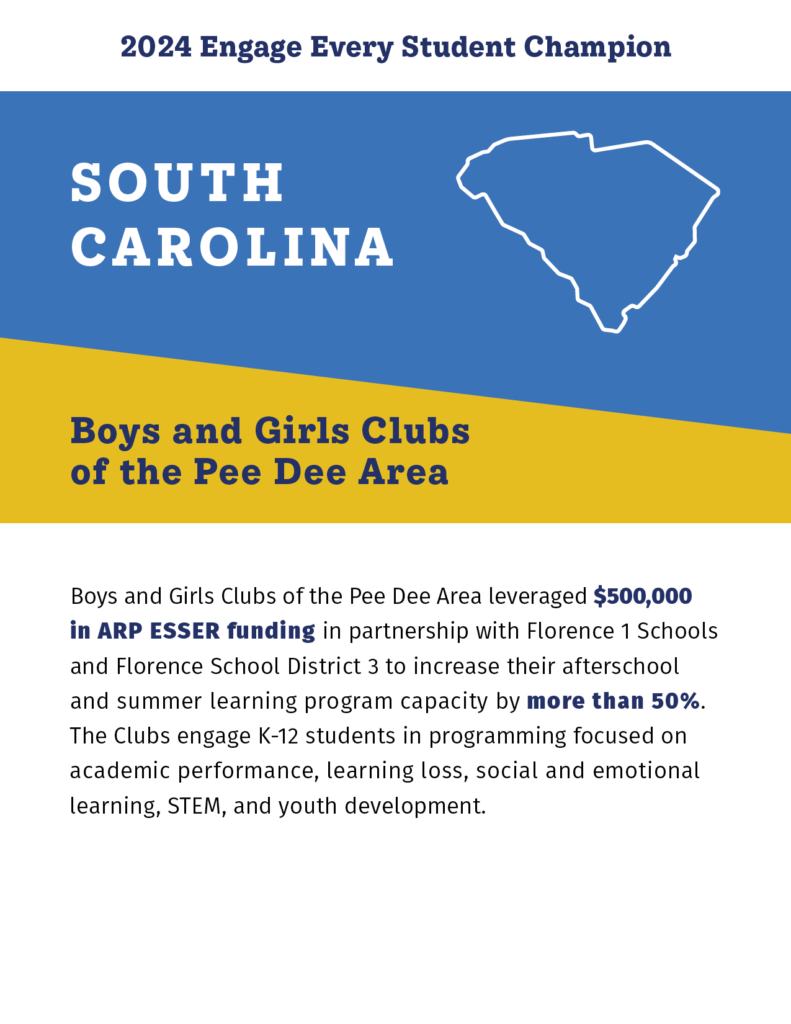 2024 Engage Every Student Champion

South Carolina 

Boys and Girls Clubs of the Pee Dee Area

Boys and Girls Clubs of the Pee Dee Area leveraged $500,000 in ARP ESSER funding in partnership with Florence 1 Schools and Florence School District 3 to increase their afterschool and summer learning program capacity by more than 50%. The Clubs engage K-12 students in programming focused on academic performance, learning loss, social and emotional learning, STEM, and youth development. 