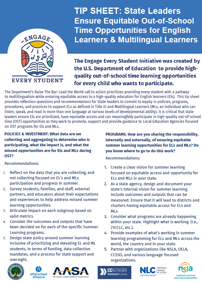 Screenshot of the front page of the Engage Every Student Tip Sheet State Leaders Ensure Equitable Out of School Time Opportunities for English Learners and Multilingual Learners