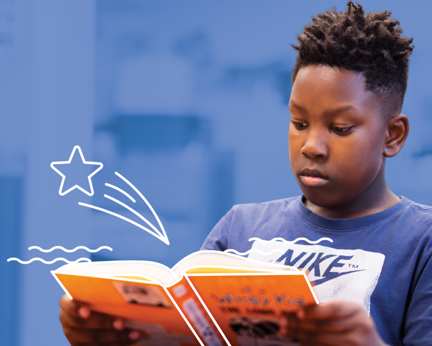 A young boy reads a book in a image with a blue background an an illustrated star projects from the book