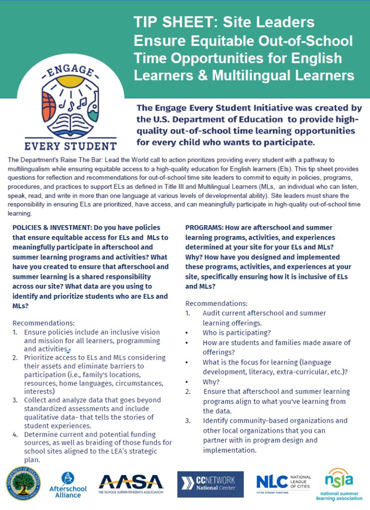 Image of the tipsheet for site leaders on ensuring equitable out-of-school time opportunities for English learners and multilingual learners 